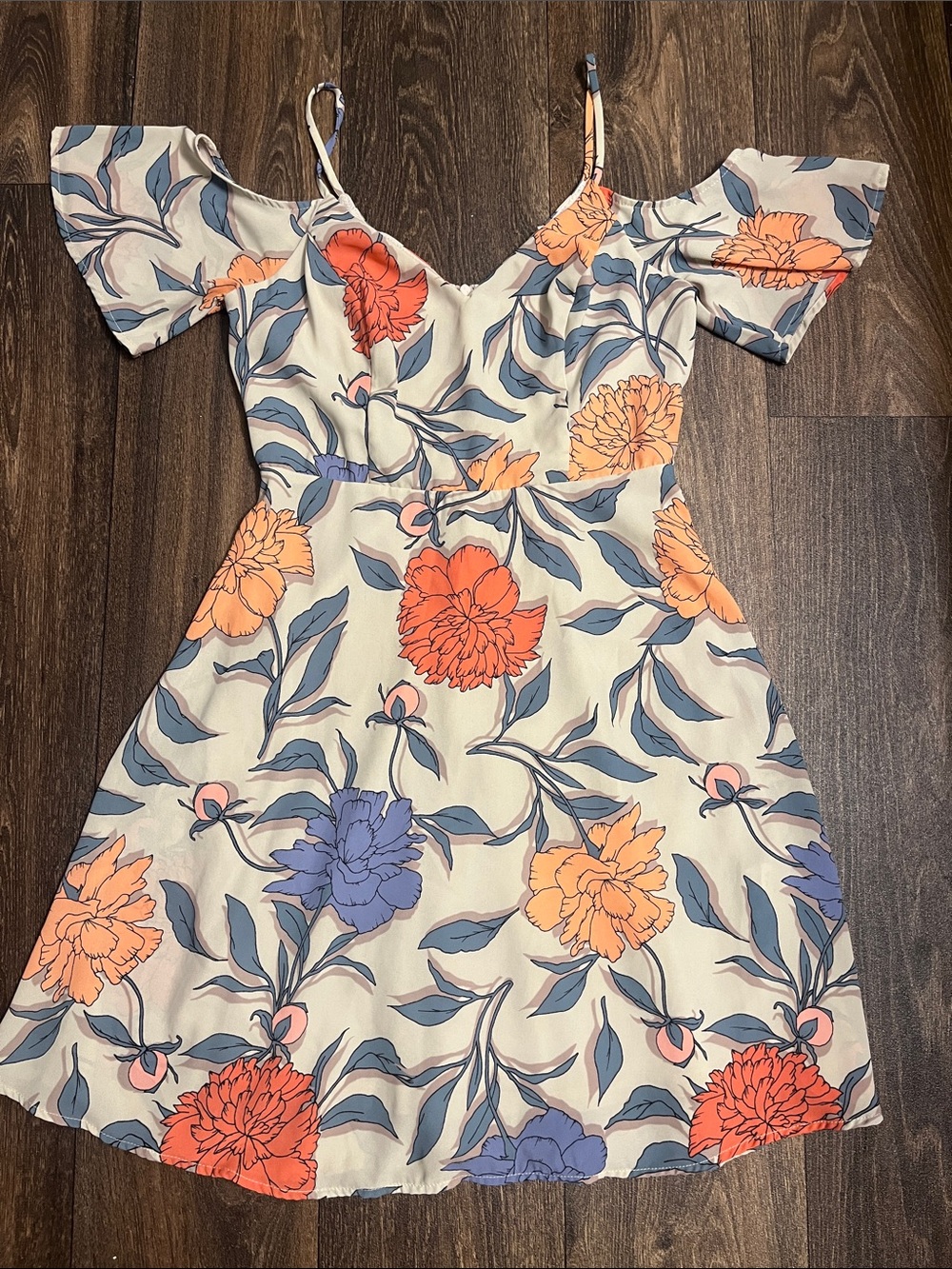 Lush Cream Cold-Shoulder Mini Dress with Orange & Blue Floral Print